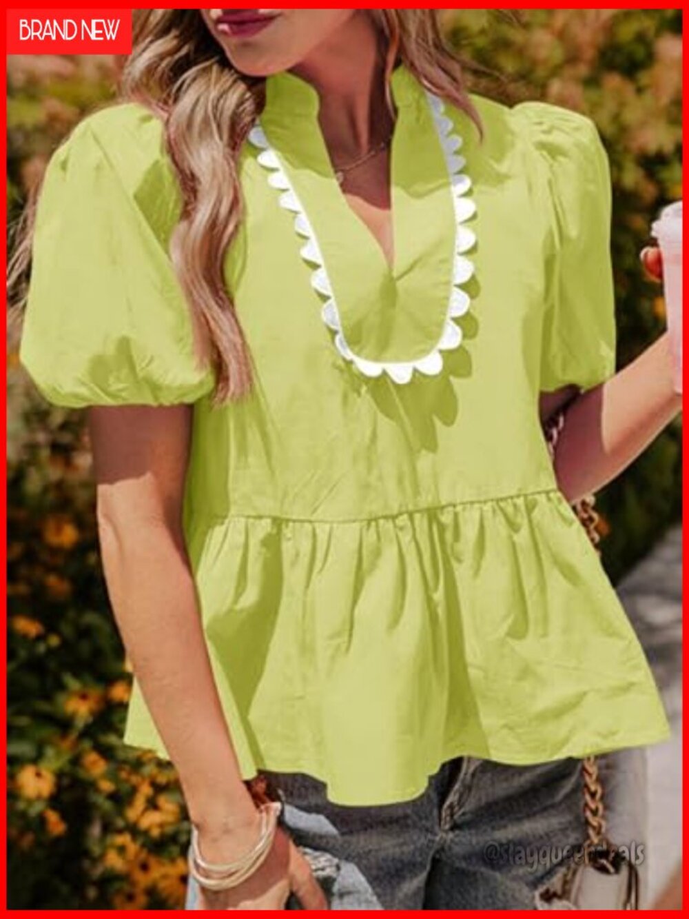 Puff Sleeve Peplum Blouse V Neck Babydoll Top Loose Fit - Picture 5 of 7